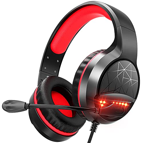 BENGOO G9900 Gaming Headset Headphones for PS4 PS5 Xbox One PC Controller, Noise Isolating Over Ear Headphones with Mic, Red LED Light, Bass Surround for Super Nintendo Sega Dreamcast Sony PSP