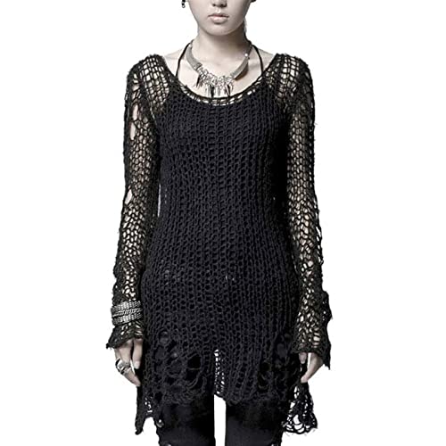 Punk Rave Women's Goth Open Knit Pullover Sweater Long Sleeve Color Block Sweaters Loose Crochet Jumper Tops Black