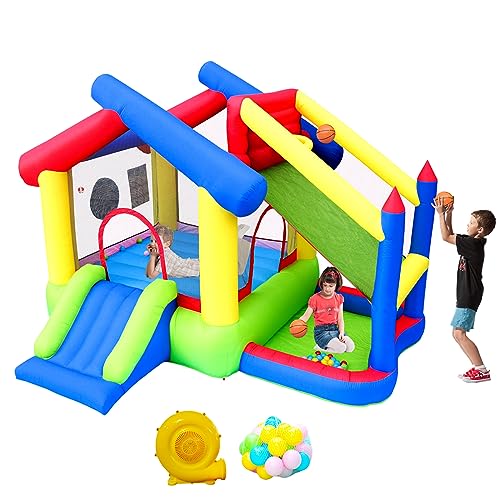 WELLFUNTIME Inflatable Bounce House with Slide, Jumping Castle with Blower and Ball Pool, Basketball Game, Dart Target Game