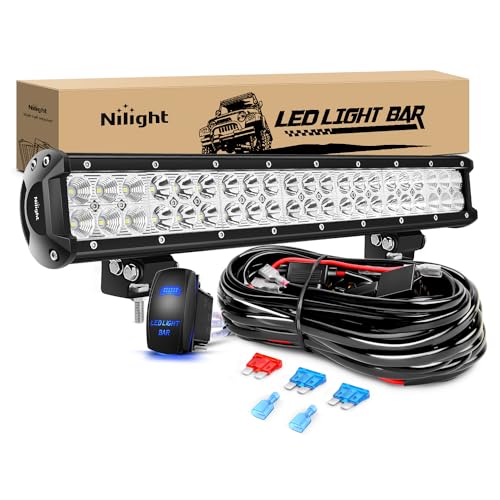 Nilight LED Light Bar 20 Inch 126W Spot Flood Combo Led Off Road Lights 12V 5Pin Rocker Switch LED Light Bar Wiring Harness Kit, 2 Years Warranty, Model: ZH082, Clear