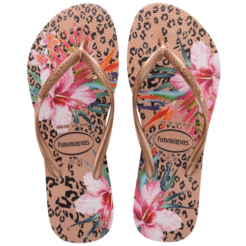 Havaianas Women's Slim Animal Floral Flip Flop - Palm Fronds on Leopard - Crocus Rose, 9-10
