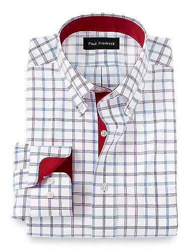 Paul Fredrick Men's Classic Fit Non-Iron Cotton Check Dress Shirt Blue/red 20.0/35 DMT810B