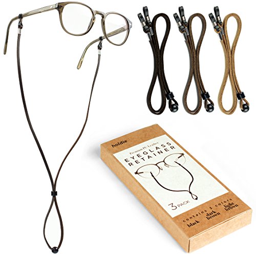 Holdie Eyeglass Retainer Glasses Strap Holder - Anti-Slip Adjustable Length - Premium PU Leather - Unisex Eyewear Retainer - Universal Fit for Glasses and Sunglasses [3 Pack Bonus Cleaning Cloth]