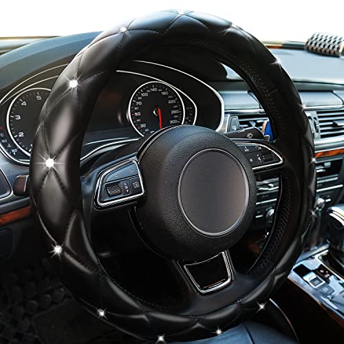 Xizopucy Diamond Leather Bling Steering Wheel Cover, Universal Car Steering Wheel Protector with Crystal Rhinestones Anti-Slip Soft Interior Accessories for Women and Girl Fit 15 inch -Black