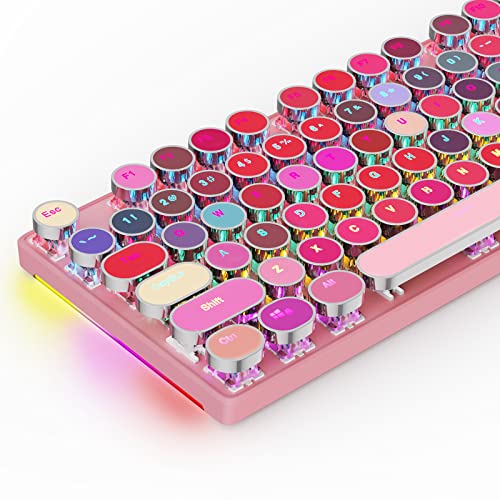 HUO JI Mechanical Gaming Keyboard Typewriter Style with RGB Side Lit and Rainbow Backlit, Retro Style, Blue Switches - Clicky, Metal Panel, Lipstick 104 Keys USB Wired for Mac, PC, Cute Pink