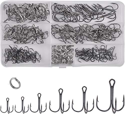 Fishing Treble Hooks, 180pcs/Box Round Bend Treble Hooks Sharp Strong Barbed Fish Hooks with Split Rings High Carbon Steel Fishing Hooks for Fishing Lures Baits Freshwater Saltwater Fishing