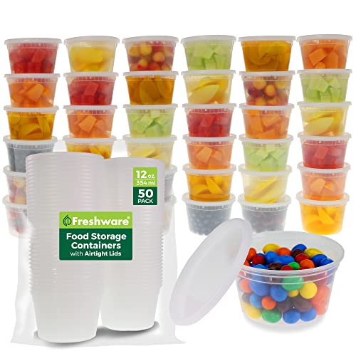 Freshware Food Storage Containers [50 Set] 12 oz Plastic Deli Containers with Lids, Slime, Soup, Meal Prep Containers | BPA Free | Stackable | Leakproof | Microwave/Dishwasher/Freezer Safe