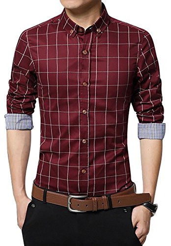 LOCALMODE Men's 100% Cotton Long Sleeve Plaid Slim Fit Button Down Dress Shirt,Wine Red,Large