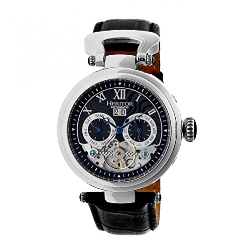 Heritor Automatic Ganzi Semi-Skeleton Leather-Band Watch - Silver/Black