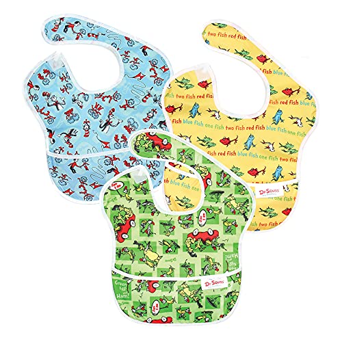 Bumkins Dr Seuss SuperBib, Baby Bib, Waterproof, Washable, Stain and Odor Resistant, 6-24 Months (Pack of 3) - Green Eggs, Yellow Fish, Cat In The Hat