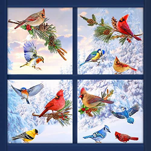 Christmas Windows Clings Christmas Cardinal Window Stickers,Cardinal Red Bird Holly Berry Branches Christmas Decorations for Glass Windows, Double-Sided Window Clings with Cardinal for Home Decor