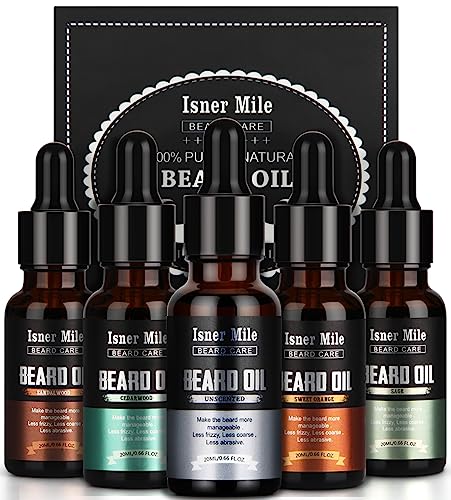 ISNER MILE 5 Pack Beard Oil Set Leave in Conditioner Cedarwood Sandalwood Sage Sweet Orange for Men Mustaches Soften Moisturizing Strength Stocking Stuffers Gifts for Him Man Dad Father Boyfriend