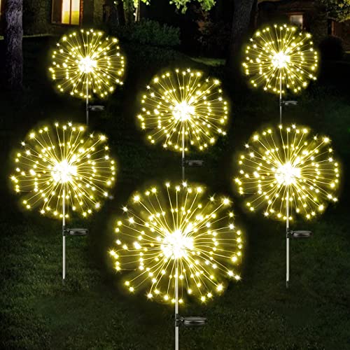 6-Pack Solar Garden Lights Outdoor Decorations, 540 LED Solar Firework Lights, Starburst String Lights Solar Lights Outdoor Waterproof for Pathway Yard Party Patio Garden Wedding Walkway(Warm White)