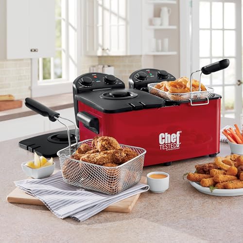 Montgomery Ward Chef Tested Double Tank Deep Fryer, 30-min Timer, Dual Independent Temp Control (Red)