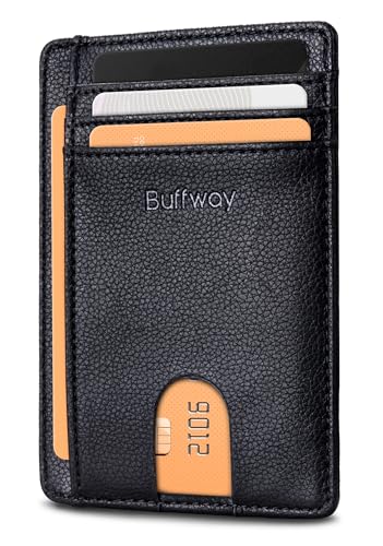 Buffway Slim Minimalist Front Pocket RFID Blocking Leather Wallets for Men and Women - Lichee Black