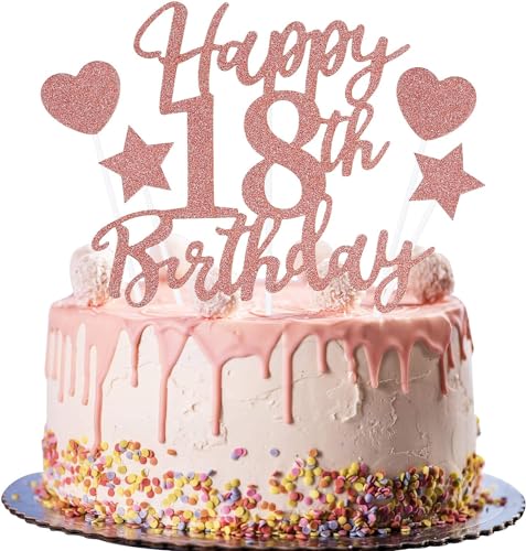 Larchio 18th Birthday Cake Topper, Rose Gold Happy 18th Birthday Cake Topper and Star Heart Cake Topper for Girl Birthday Cake Decorations