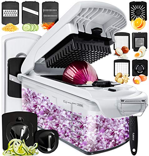 Fullstar Vegetable Chopper - Spiralizer Vegetable Slicer - Onion Chopper with Container - Pro Food Chopper - Slicer Dicer Cutter - (11 in 1, White)