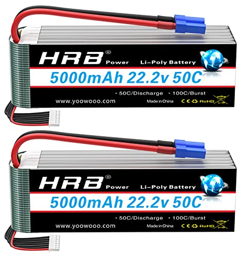 HRB 2pcs 6S Lipo Battery 5000mAh 22.2V Soft Case 50C-100C with EC5 Plug RC Lipo Battery Compatible for RC Quadcopter Airplane Car Truck 500 600 Helicopter