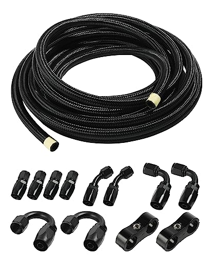 AOCISKA 20FT Black Nylon Braided Fuel Oil Hose Fuel Line,Universal Fitting Transmission Cooler Lines Hose Fitting Kit,Use for Fuel Line,Oil Hose,Brake Line 0.34inch ID(8AN Fitting+20Ft Hose)