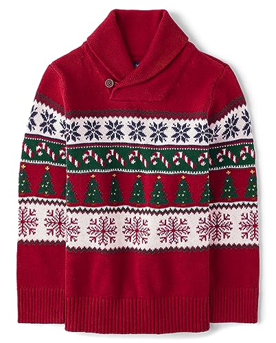 The Children's Place Boys' Long Sleeve Sweater, Christmas Fairisle Shawl Neck, Medium
