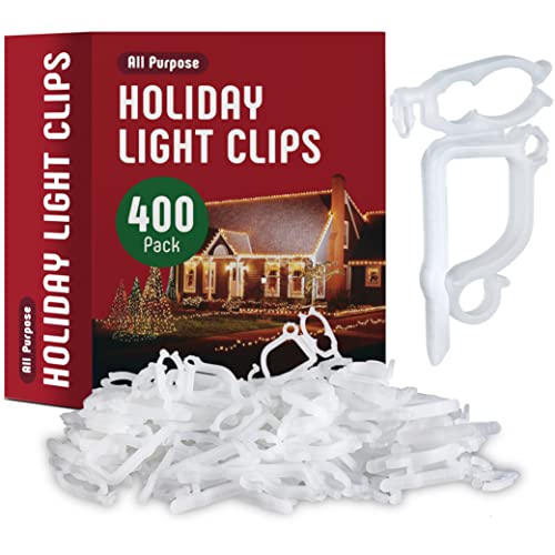 All-Purpose Holiday Light Clips [Set of 400] Christmas Light Clips, Outdoor Light Clips - Mount to Shingles & Gutters - Works with Mini, C6, C7, C9, Rope, Icicle Lights - No Tools Required - USA Made