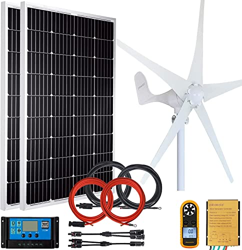Pikasola Wind Turbine Generator 400W12V + 2 PCS 100W 12V Monocrystalline Solar Panel Kits Suit for RV Marine Home Solar Wind Hybrid System