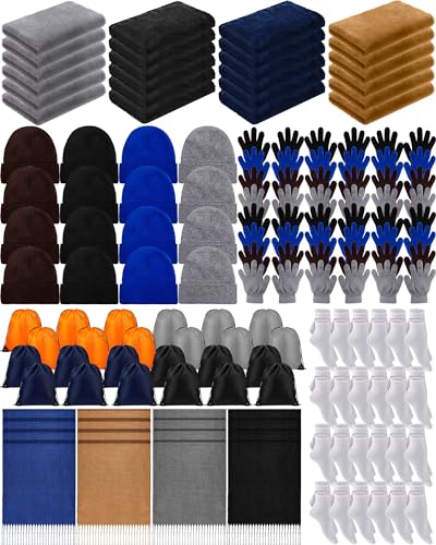 Twistover 144 Pieces Homeless Winter Care Package Supplies Bulk Winter Kit Blanket Gloves Socks Beanies Scarves Drawstring Bags Bulk Winter Homeless Care Charity Cozy Warm Gift