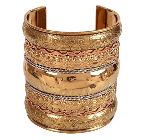 Touchstone New Indian Bollywood Handcrafted Pretty Floral Pattern Dramatic Look Slip in Easy to Wear 3 Inches Designer Jewelry Cuff Bracelet in Gold Copper Tones for Women.