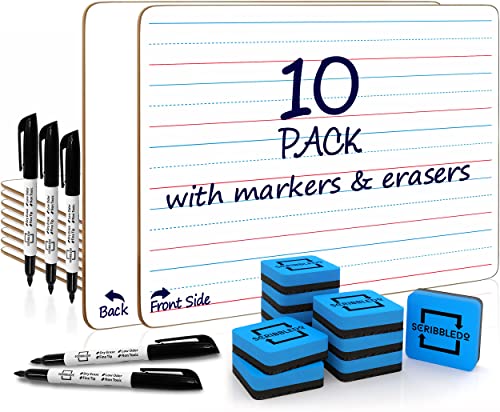 10 Pack Double Sided Whiteboards Lined Dry Erase Board for Kids Ruled Writing Board Handwriting Practice for Kids Small White Board Dry Erase Boards Lines 9x12 Student 10 Dry Erase Markers Included