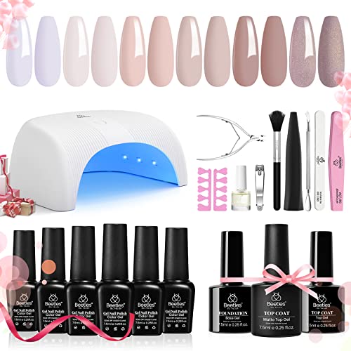 Beetles Gel Nail Polish Kit with Led Light Base Gel Top Coat, 6 Colors Nude Neutral Gel Polish Starter Kit, Soak off LED Christmas Gel Polish Set DIY Manicure Home Nail Essentials Gift for Women's Day