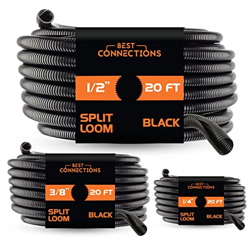(1/4' X 20 ft) (3/8' X 20 ft) (1/2' X 20 ft) Assorted Split Wire Loom Flex-Guard Convoluted Tubing – Protective Split Cable Sleeves/Conduit for Automotive Home Industrial Electrical – Black