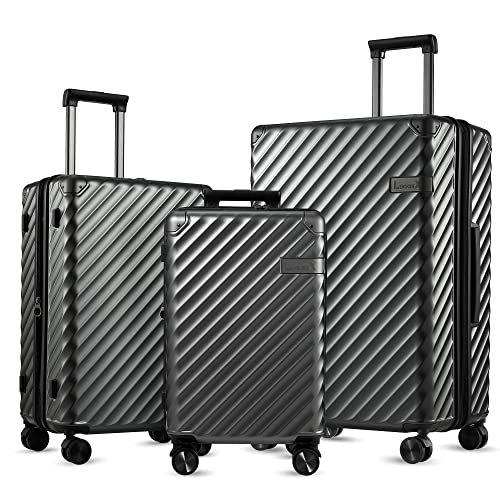 LUGGEX 3 Piece Luggage Sets with Spinner Wheels - 100% Polycarbonate Expandable Hard Suitcases with Wheels - Travel Luggage TSA Approve (Black, 20/24/28)