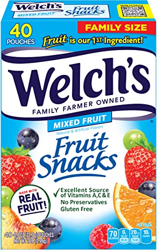 Welch's Fruit Snacks, Mixed Fruit, Perfect Stocking Stuffer, Bulk Pack, Gluten Free, Individual Single Serve Bags, 0.8 oz (Pack of 40)