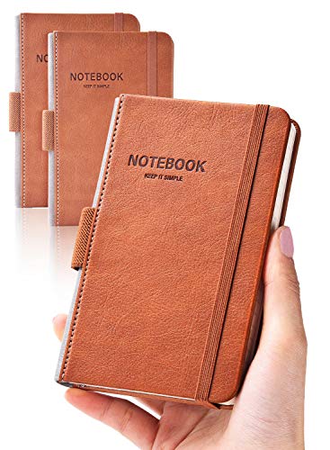 AISBUGUR Pocket Notebook Small Notebook 2-Pack, 3.5' x 5.5' Pocket Notebooks Hardcover with Thick Lined Paper, Inner Pockets, Cover Letter Embossing Design Mini Journal Notepad Brown Leather