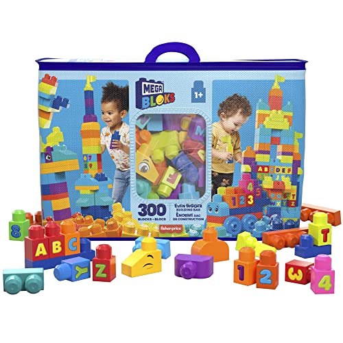 MEGA BLOKS Fisher-Price Toddler Block Toys, Even Bigger Building Bag with 300 Pieces and Storage Bag, Gift Ideas for Kids Age 1+ Years