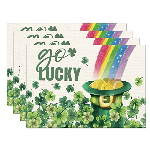 St. Patricks Day Placemats Set of 4,12x18 Inch Go Lucky with Shamrock Hat Rainbow Heat-Resistant Place Mats,Green Irish Table Decors for Seasonal Farmhouse Kitchen Dining Holiday Party