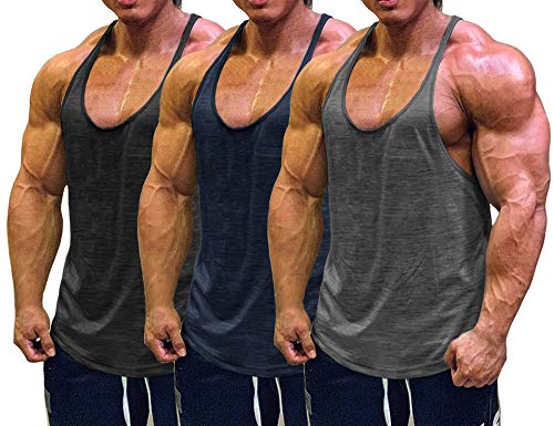 Muscle Cmdr Men's 3 Pack Stringer Tank Tops Bodybuilding Y-Back T-Shirts Gym Fitness Workout Training Running T-Shirts Athletic Quick Dry Top (Black,Grey,Blue,Thin Shoulder, XL)
