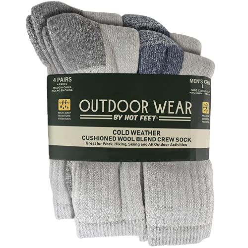 HOT FEET 4 Pack Men's Socks - Active Work Socks and Outdoors Hiking Socks, Cushioned and Thermal Wool Blend, Warm (Grey & Blue)