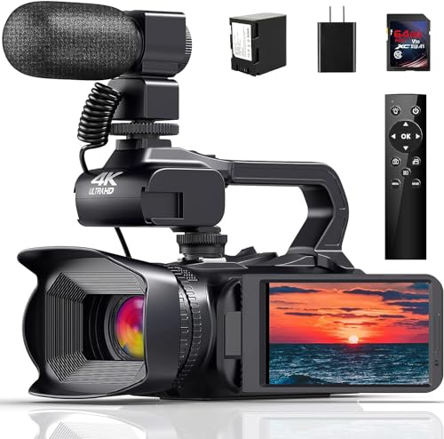 4K Video Camera Camcorder, 64MP 60FPS 18X Digital Zoom Auto Focus Vlogging Camera for YouTube, HD WiFi Video Camera with 4500mAh Battery, SD Card, Stabilizer, Mic, Remote Control and Charger