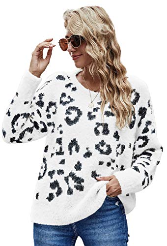 HZSONNE Women's Casual Leopard Crew Neck Loose Fit Sweater Long Sleeve Slouchy Pullover Knitted Fuzzy Jumper Tops (White,Small)