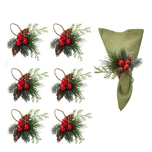 Angel Isabella Christmas Collection Napkin Rings - Cloth Napkin Holder For Table Setting, Evergreen Snowy Pinecone Napkin Rings with Berries & Decor to Match Holiday Dinner Dining Table Top - Set of 6