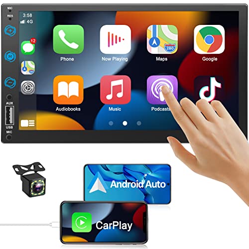 Double Din Car Stereo Radio with Backup Camera -Voice Control Apple Carplay & Android Auto, Bluetooth 5.3 Touch Screen Subwoofer Car Audio Receivers, 7 Inch HD MP5 Player with Mirror Link, USB/AM/FM