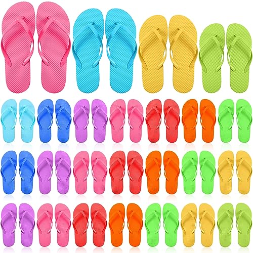 Suhine 50 Pairs Non Slip Flip Flops Bulk Summer Casual Slippers Assorted Eva Sandals with Strap for Women Men Kids Guests Pool Wedding Party Wreath Project Diy, 10 Colors, 4 Sizes