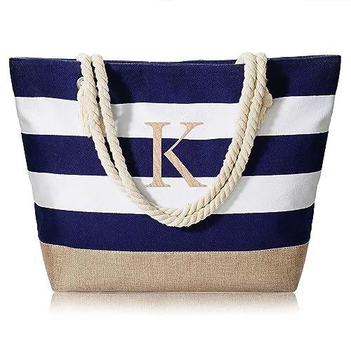 YOOLIFE Birthday Gifts for Women - Personalized Gifts Idea for Her Mom Teacher Friend Female Sister Best Friends Friendship Grandma Beach Essential Monogram Canvas Tote Bags Zipper Women Initial K