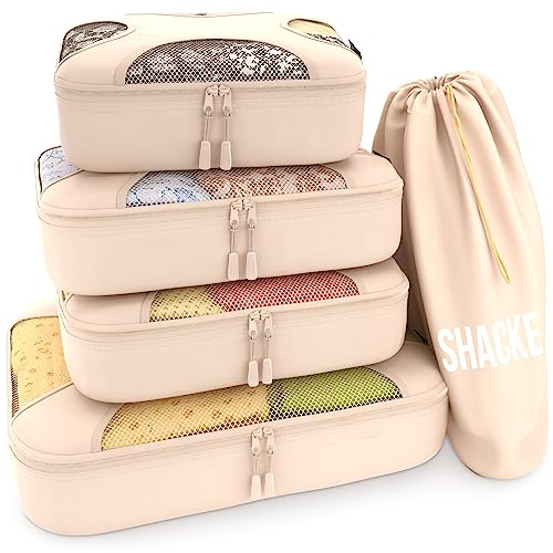 Shacke Pak - 5 Set Packing Cubes - Travel Organizers with Laundry Bag (Cream)