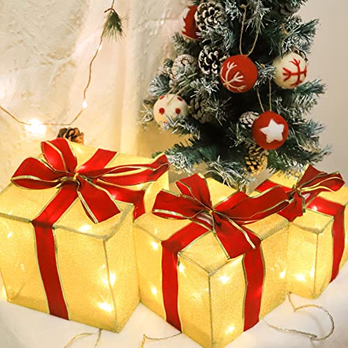 RIZZARI Christmas Box Decorations, Set of 3 Christmas Lighted Gift Boxes with Red Bows for Christmas Tree, Indoor Outdoor Holiday Decors