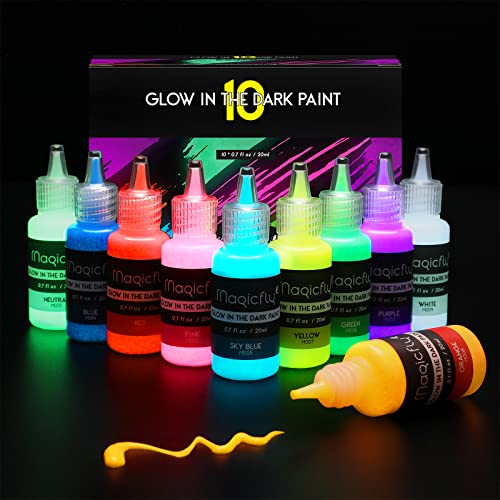 Magicfly Glow in The Dark Paint, 10 Extra Bright Colors Glow Paint (20 ml/0.7 oz), Waterproof Glow in the Dark Acrylic Paint for Indoor and Outdoor Use, Perfect for Artwork, DIY Projects, Halloween Decorations