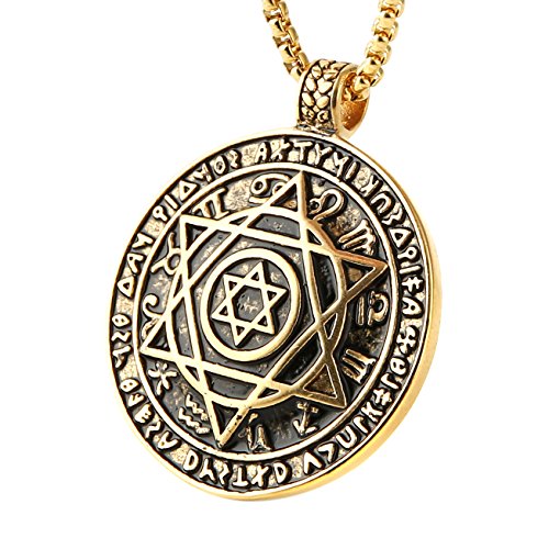 HZMAN Talisman Seal Solomon Six-pointed Star 12 Constellation Pendant stainless steel Necklaces 24' Chain (Gold)
