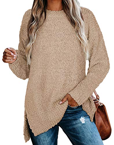 XIEERDUO Women Sweaters for Fall Basic Crewneck Fuzzy Oversized Tops Khaki XL