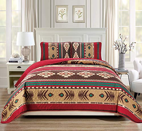Rugs 4 Less Western Southwestern Native American Tribal Navajo Design Oversize Quilted Bedspread in Brown Green and Burgundy Mojave (Full / Queen)